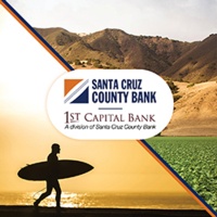 Image: Surfer and ag field with white oval, Santa Cruz County Bank and 1st Capital Bank logos